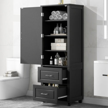 Tall Freestanding Storage Cabinet With Two Drawers And Adjustable Shelf